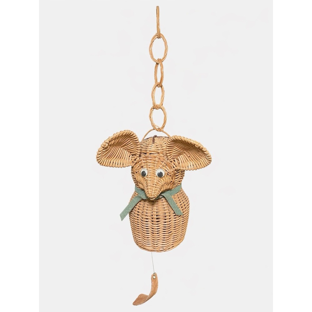 Vintage Wicker Rattan Weaved  Hanging Wind Chime Bell Mouse With Googly Eyes